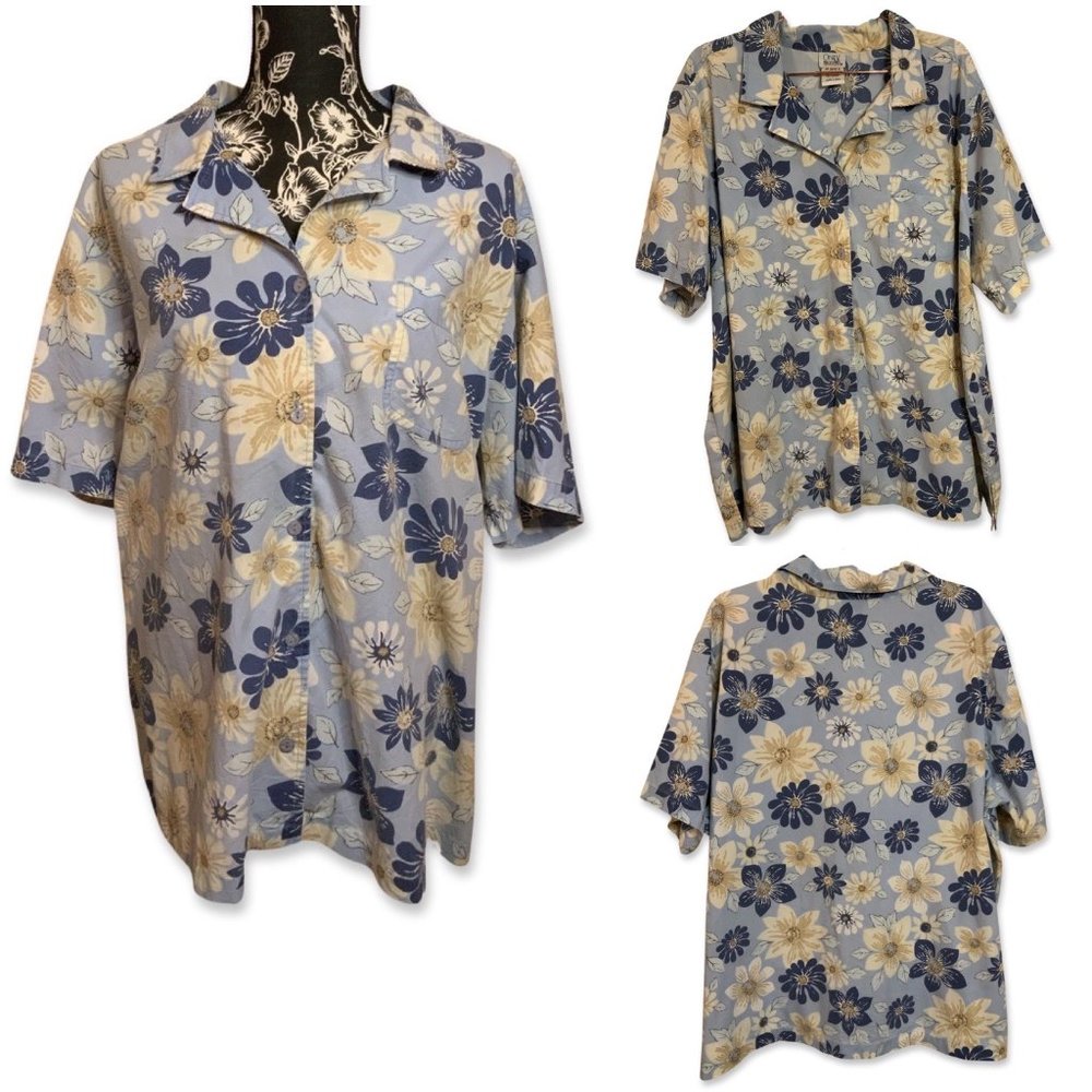 Only Necessities Collar Pocket Button Floral Womens 2X Blue